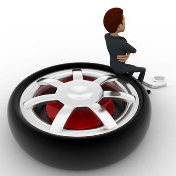 3d man sitting on tire with wrench concept on white background, top angle view