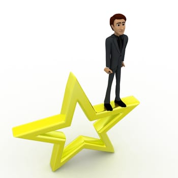 3d man stading on big yellow star concept on white background, top angle view