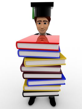 3d man scholar graduate with many books concept on white background, front angle view