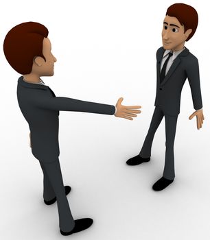 3d man offering hand for hand shake and another one is refusing it concept on white background, side angle view