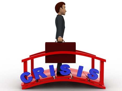 3d man crossing crisis bridge concept on white background, front angle view