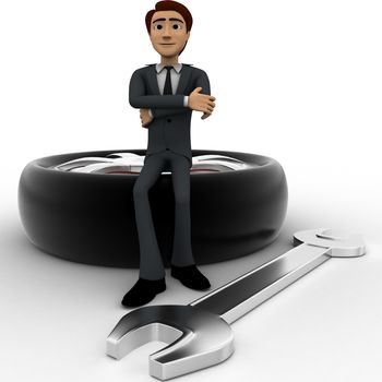 3d man sitting on tire with wrench concept on white background, front angle view