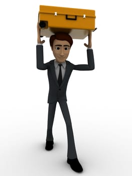 3d man carry suitcase on head concept on white background, front angle view