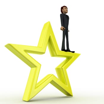 3d man stading on big yellow star concept on white background, side angle view