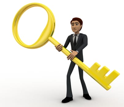 3d man with big and old golden key concept on white background, side angle view