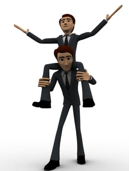 3d man carry another man on shoulder concept on white background, back angle view