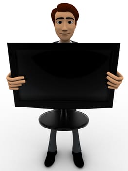 3d man holding televion screen in hand concept on white background, front angle view