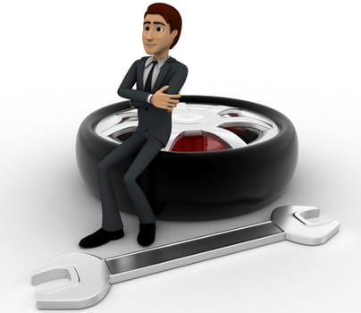 3d man sitting on tire with wrench concept on white background, side angle view