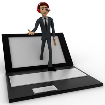 3d man comming through  laptop screen with headphone and offering hand concept on white background, front angle view