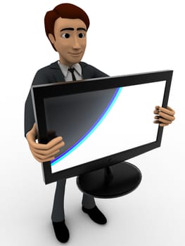 3d man holding televion screen in hand concept on white background, side angle view