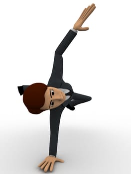 3d man doing rolling dance on one hand concept on white background, side angle view