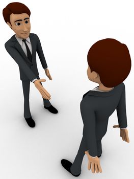 3d man offering hand for hand shake and another one is refusing it concept on white background, top  angle view