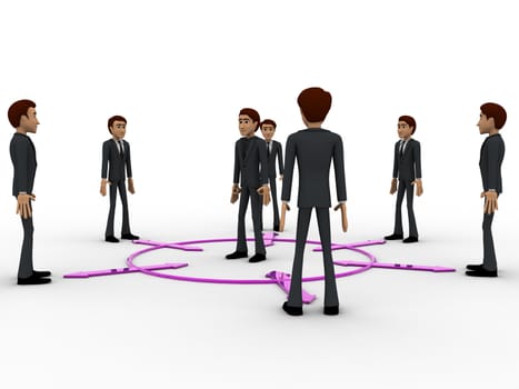 3d man in center of every bidirectional arrow with other men concept on white background,  side angle view