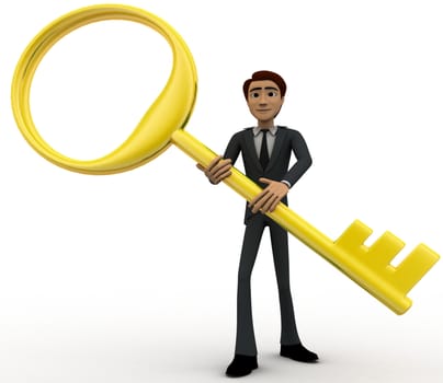 3d man with big and old golden key concept on white background, front angle view