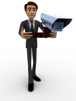 3d man holding cctv security camera in hands concept on white background, front angle view