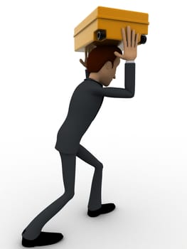 3d man carry suitcase on head concept on white background,  side  angle view