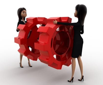 3d woman with red cogwheel concept on white background, front angle view