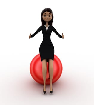 3d woman sitting on red shiny ball concept on white background, front angle view