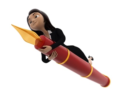 3d woman riding red flying pen concept on white background, low angle view