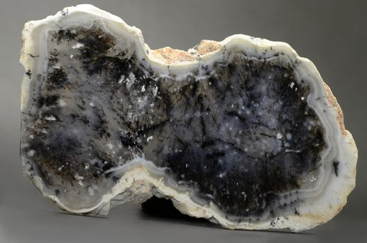 Sample of a beautiful Merlinite-Dendritic Opal slice specimen on black background