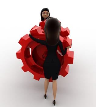 3d woman with red cogwheel concept on white background,  side angle view