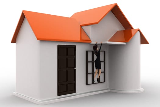 3d woman about to fall from roof of house concept on white background, side angle view