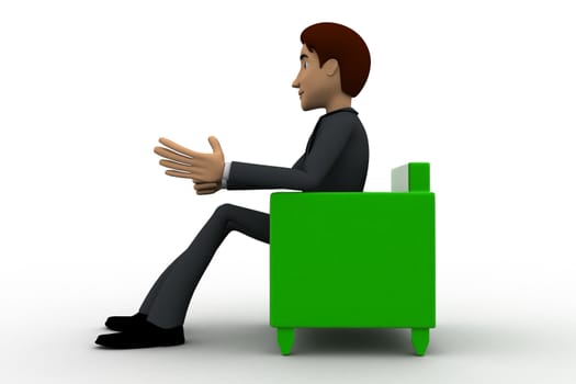 3d man sitting on sofa concept on white background, side angle view
