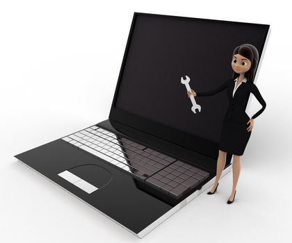 3d woman with wrench to repair laptop computer concept on white background, top side  angle view