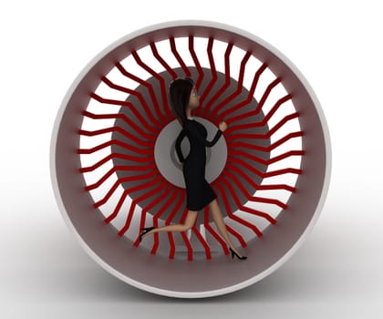 3d woman running inside plane engine concept on white background, front angle view