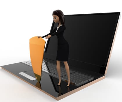 3d woman with laptop shield security concept on white background, side angle view