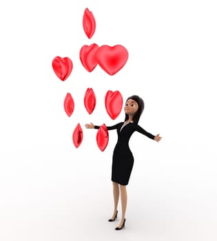 3d woman with many heart balloons concept on white background, side angle view