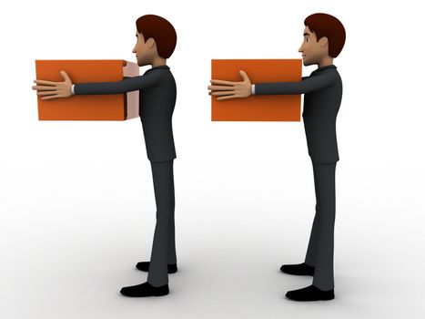 3d men in queue with delivery boxes concept on white background,  side  angle view