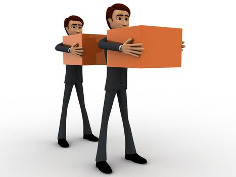 3d men in queue with delivery boxes concept on white background, front angle view