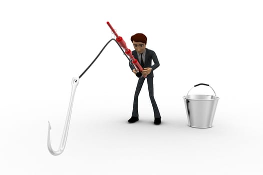 3d man fishing with fishing rod with big hook and bucket concept on white background, front angle view