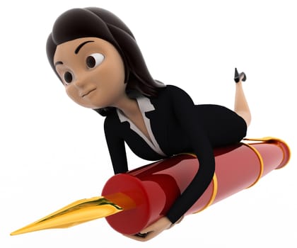 3d woman riding red flying pen concept on white background, front angle view