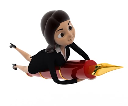 3d woman riding red flying pen concept on white background, side angle view