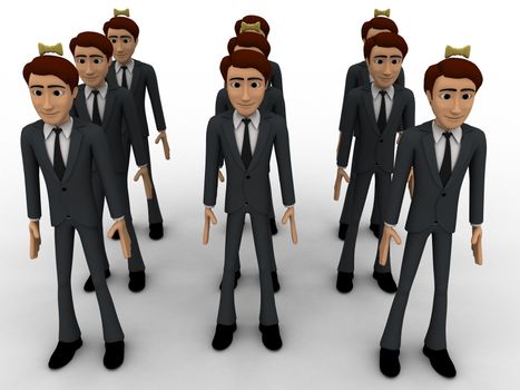 3d men in three queue concept on white background, front angle view