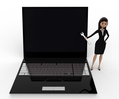 3d woman with wrench to repair laptop computer concept on white background, front angle view