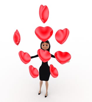 3d woman with many heart balloons concept on white background, front angle view