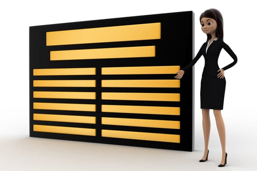 3d woman with golden board concept on white background,  side  angle view