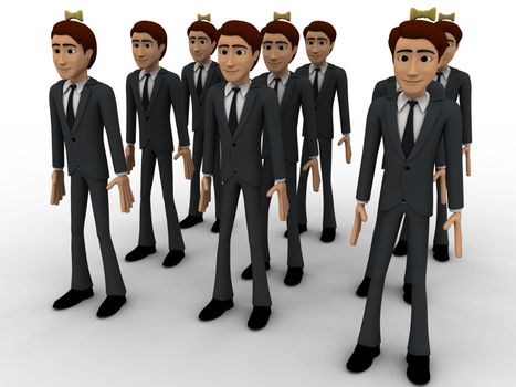 3d men in three queue concept on white background, side angle view
