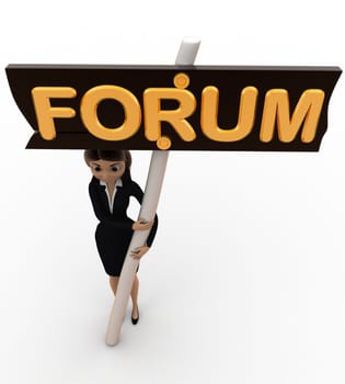 3d woman woth forum board concept on white background,  top angle view