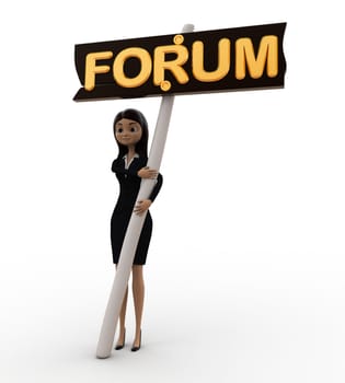 3d woman woth forum board concept on white background, front angle view