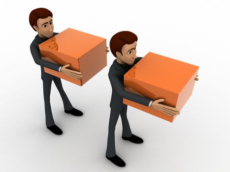 3d men in queue with delivery boxes concept on white background, top angle view