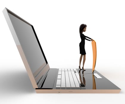 3d woman with laptop shield security concept on white background, side angle view