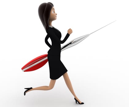 3d woman running with dart concept on white background,  side angle view
