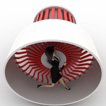 3d woman running inside plane engine concept on white background, top angle view