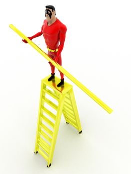 3d superhero  on the top of golden stairs holding a golden rod concept on white isilaoted background , top angle view 