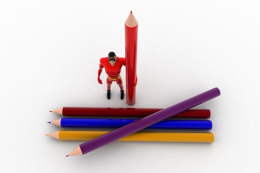3d superhero with many colourful pencils concept on white background, top angle view