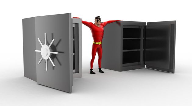 3d superhero open empty safe locker concept on white background, side angle view